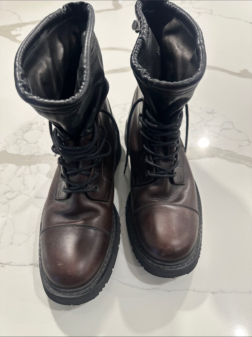 Prada Men's Brown Leather Lace-Up Combat Boots with Black Soles